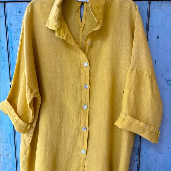 Made in Italy 100% Linen Women's Shirt in Mustard - Picture 6 of 13